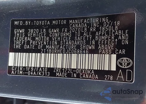 2018 Toyota Corolla L из США, поврежденный, VIN 2T1BURHE0JC068646